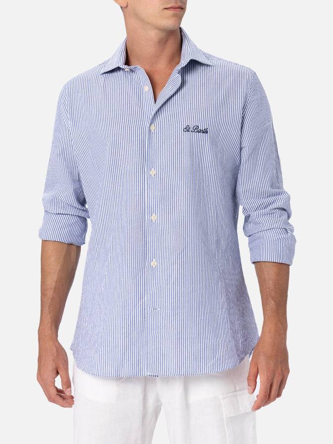 Mc2 Saint Barth Camicia da uomo Pamplona in cotone seersucker con righe bluette Esporta salva