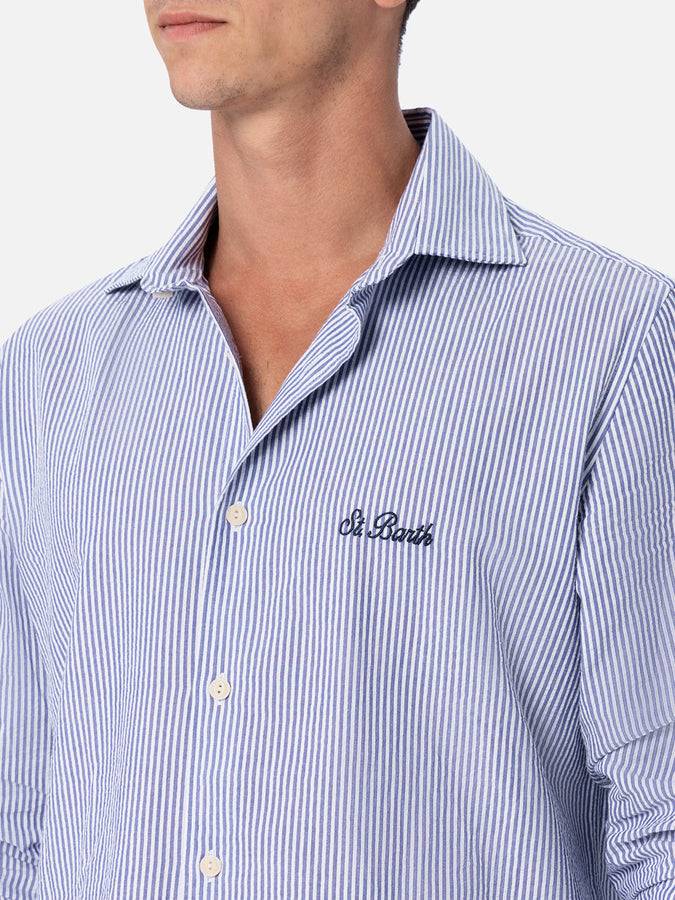 Mc2 Saint Barth Camicia da uomo Pamplona in cotone seersucker con righe bluette Esporta salva