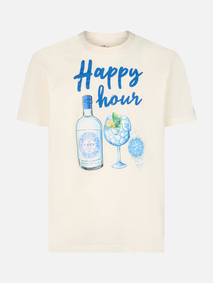 Mc2 Saint Barth T-shirt da uomo in cotone con stampa piazzata Happy Hour Italy