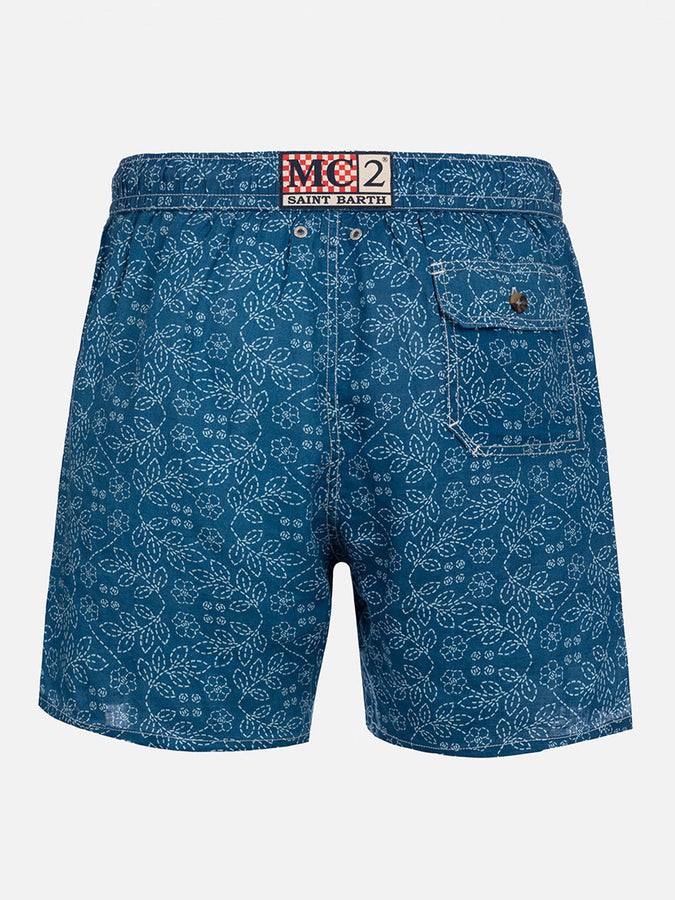 Mc2 Saint Barth Costume da bagno da uomo medio lungo Gustavia in lino con stampa sashiko Nuovo
