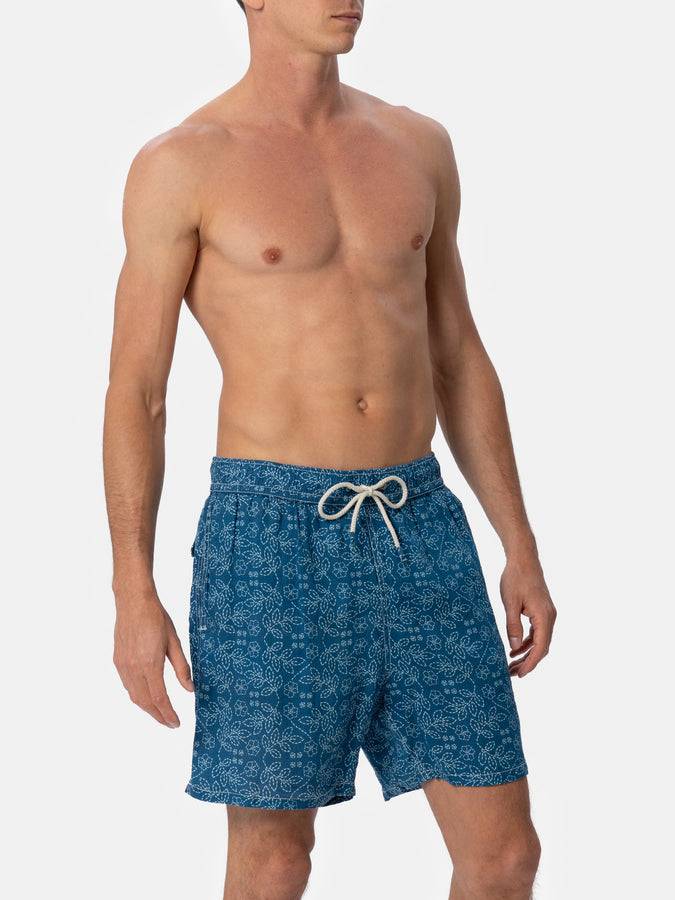 Mc2 Saint Barth Costume da bagno da uomo medio lungo Gustavia in lino con stampa sashiko Nuovo