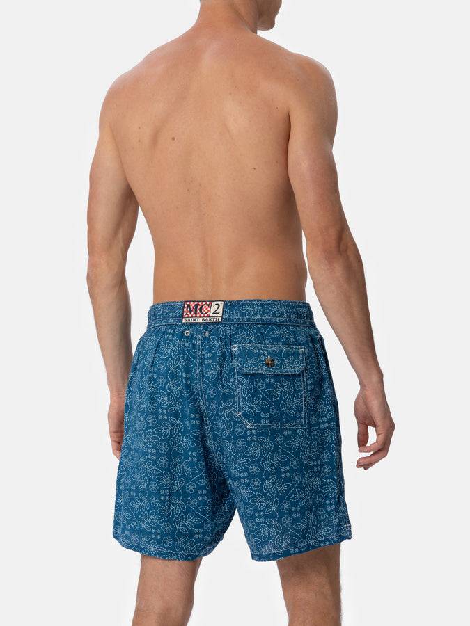 Mc2 Saint Barth Costume da bagno da uomo medio lungo Gustavia in lino con stampa sashiko Nuovo