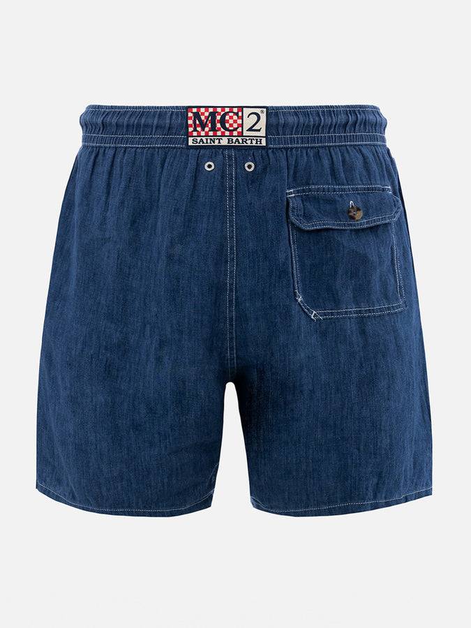 Mc2 Saint Barth Costume da bagno uomo lunghezza media in lino blu denim Gustavia Soddisfazione Garantita