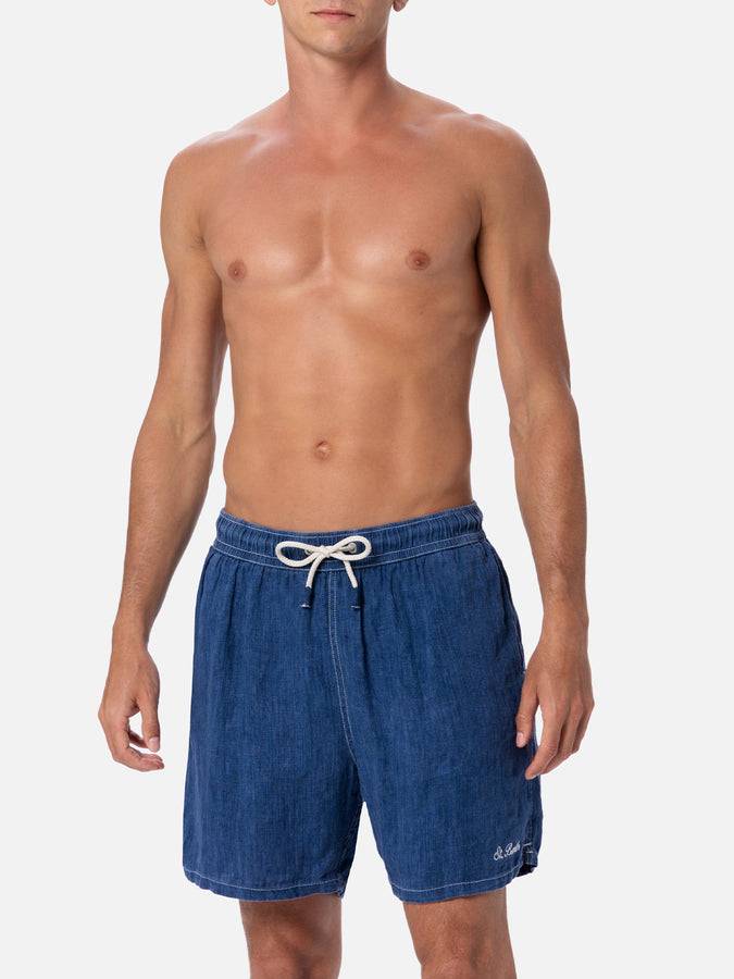 Mc2 Saint Barth Costume da bagno uomo lunghezza media in lino blu denim Gustavia Soddisfazione Garantita