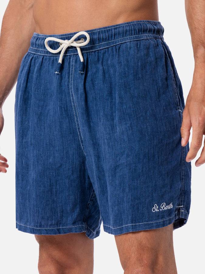 Mc2 Saint Barth Costume da bagno uomo lunghezza media in lino blu denim Gustavia Soddisfazione Garantita