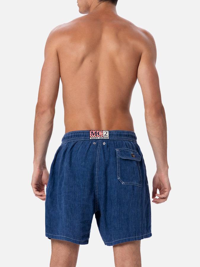 Mc2 Saint Barth Costume da bagno uomo lunghezza media in lino blu denim Gustavia Soddisfazione Garantita