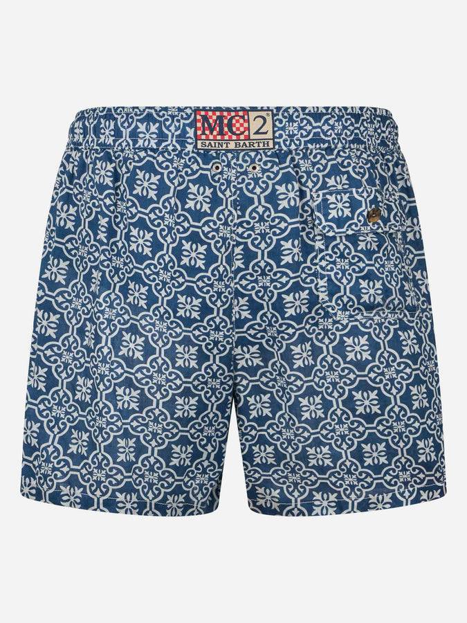 Mc2 Saint Barth Costume da bagno uomo lunghezza media Gustavia in lino con stampa maioliche Qualità Garantita