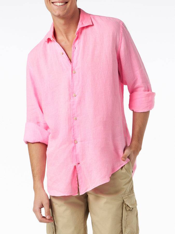 Mc2 Saint Barth Camicia da uomo Pamplona in lino color rosa fluo Sottocosto