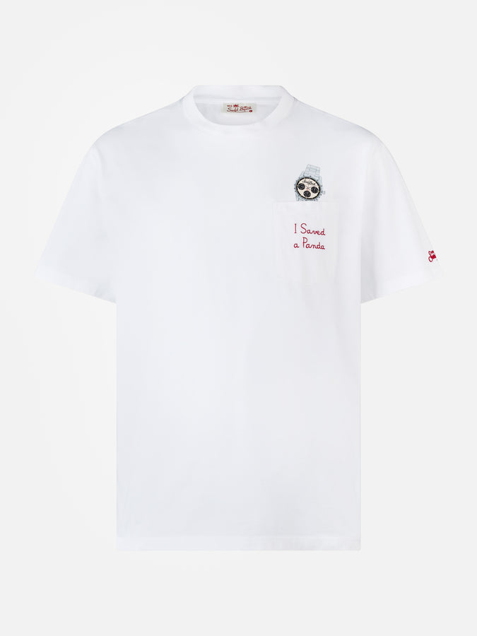 Mc2 Saint Barth Man cotton t-shirt Austin with watch print and embroidery Prezzo di fabbrica