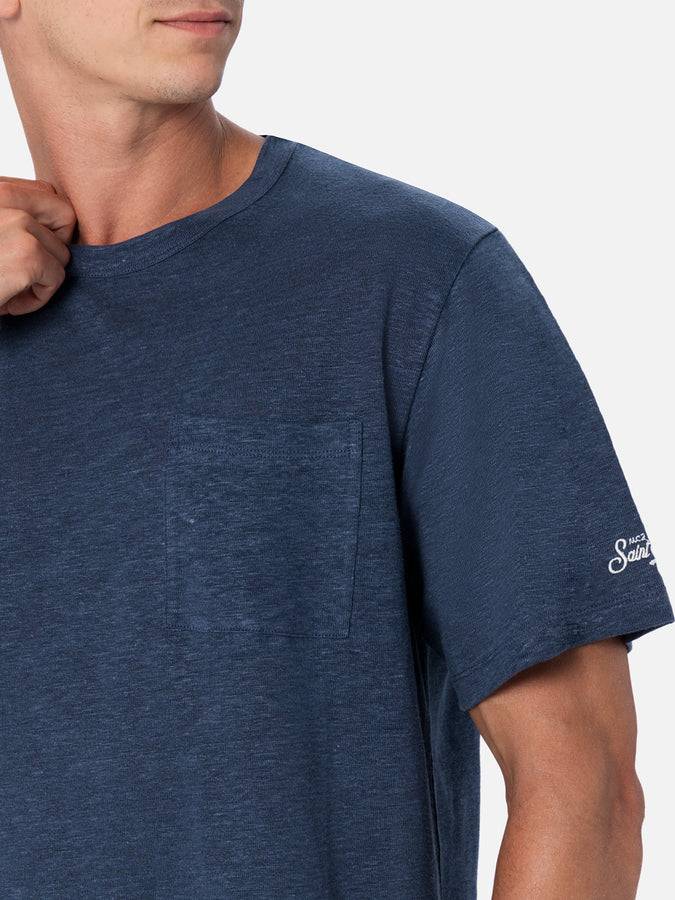 Mc2 Saint Barth Man navy blue linen jersey t-shirt Ecstasea with pocket Offerta esclusiva