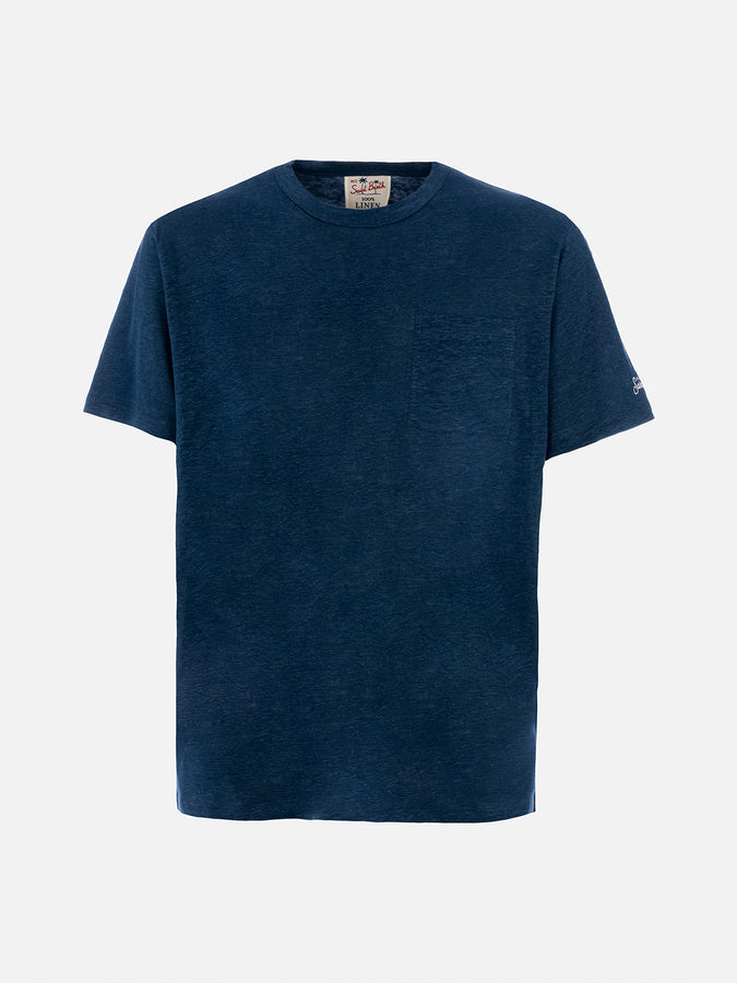 Mc2 Saint Barth Man navy blue linen jersey t-shirt Ecstasea with pocket Offerta esclusiva