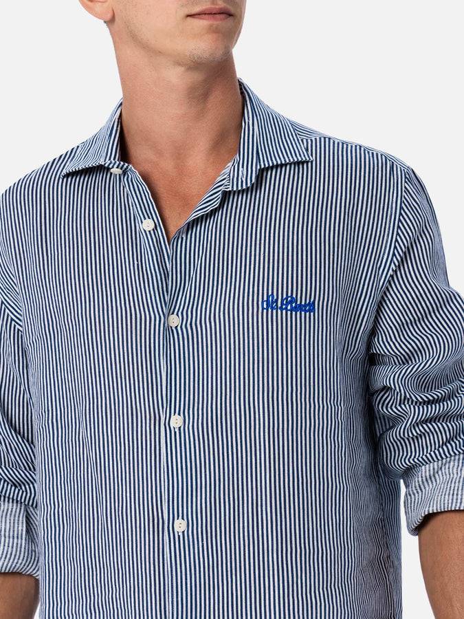 Mc2 Saint Barth Camicia da uomo in lino rigato blu navy Pamplona Nuovi prodotti