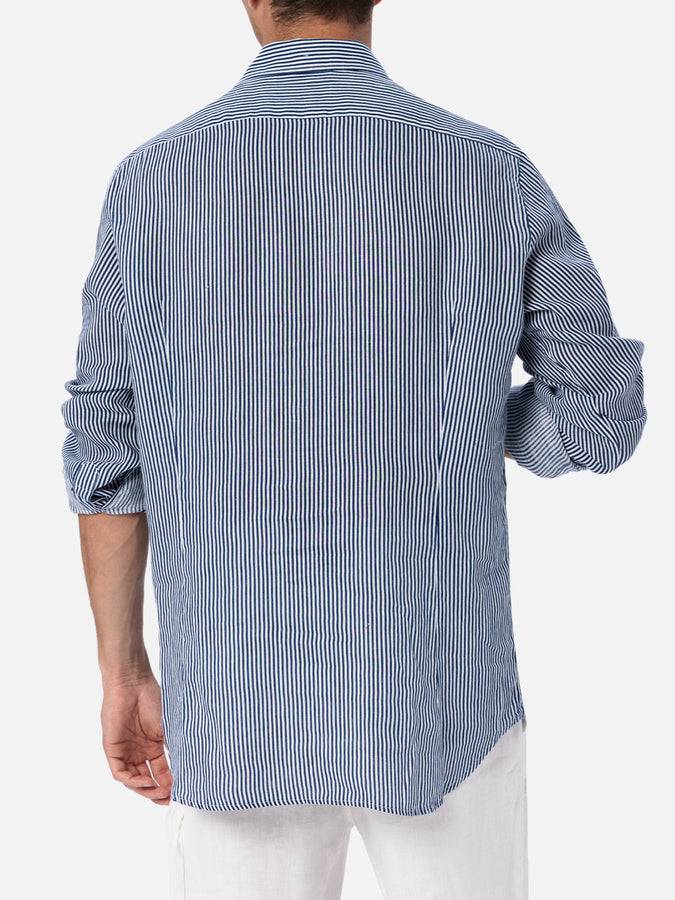 Mc2 Saint Barth Camicia da uomo in lino rigato blu navy Pamplona Nuovi prodotti
