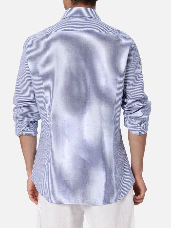 Mc2 Saint Barth Camicia da uomo Pamplona in cotone seersucker con righe bluette Super Saving Price