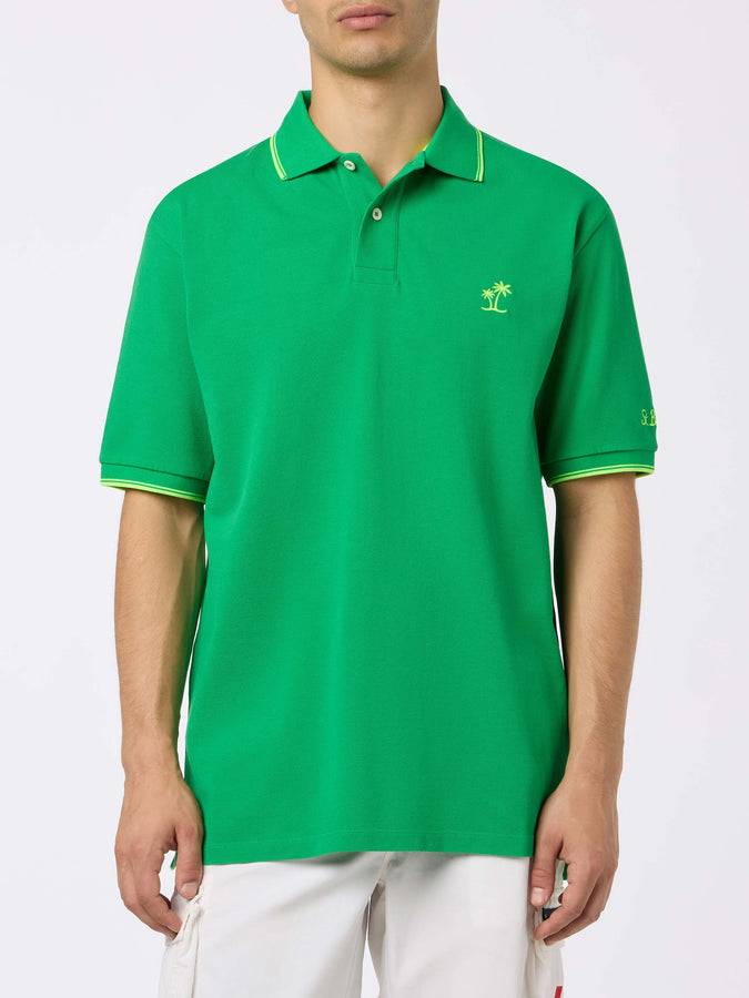 Mc2 Saint Barth Man green cotton piquet polo shirt Beverly Hills with palm embroidery Ultimi tre giorni