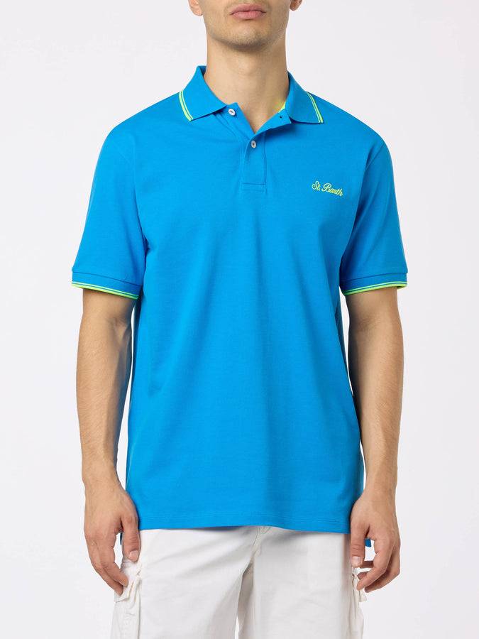 Mc2 Saint Barth Man bluette cotton piquet polo shirt Beverly Hills with palm embroidery ACQUISTA ORA