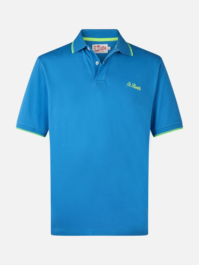 Mc2 Saint Barth Man bluette cotton piquet polo shirt Beverly Hills with palm embroidery ACQUISTA ORA