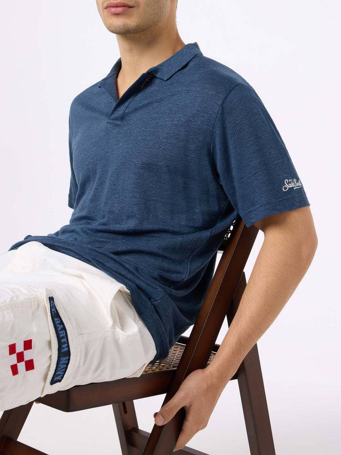 Mc2 Saint Barth Polo da uomo in lino blu navy Fraser Offerta speciale della fabbrica