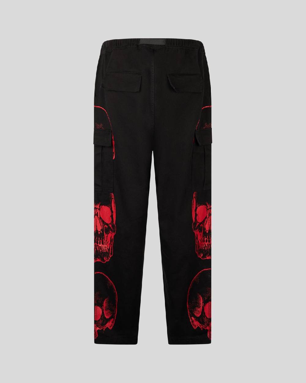 Phobia Archive PANTALONE CARGO NERO CON GRAFICA TRIPLE SKULL ROSSA E LOGO GOTIC P Consegna Veloce