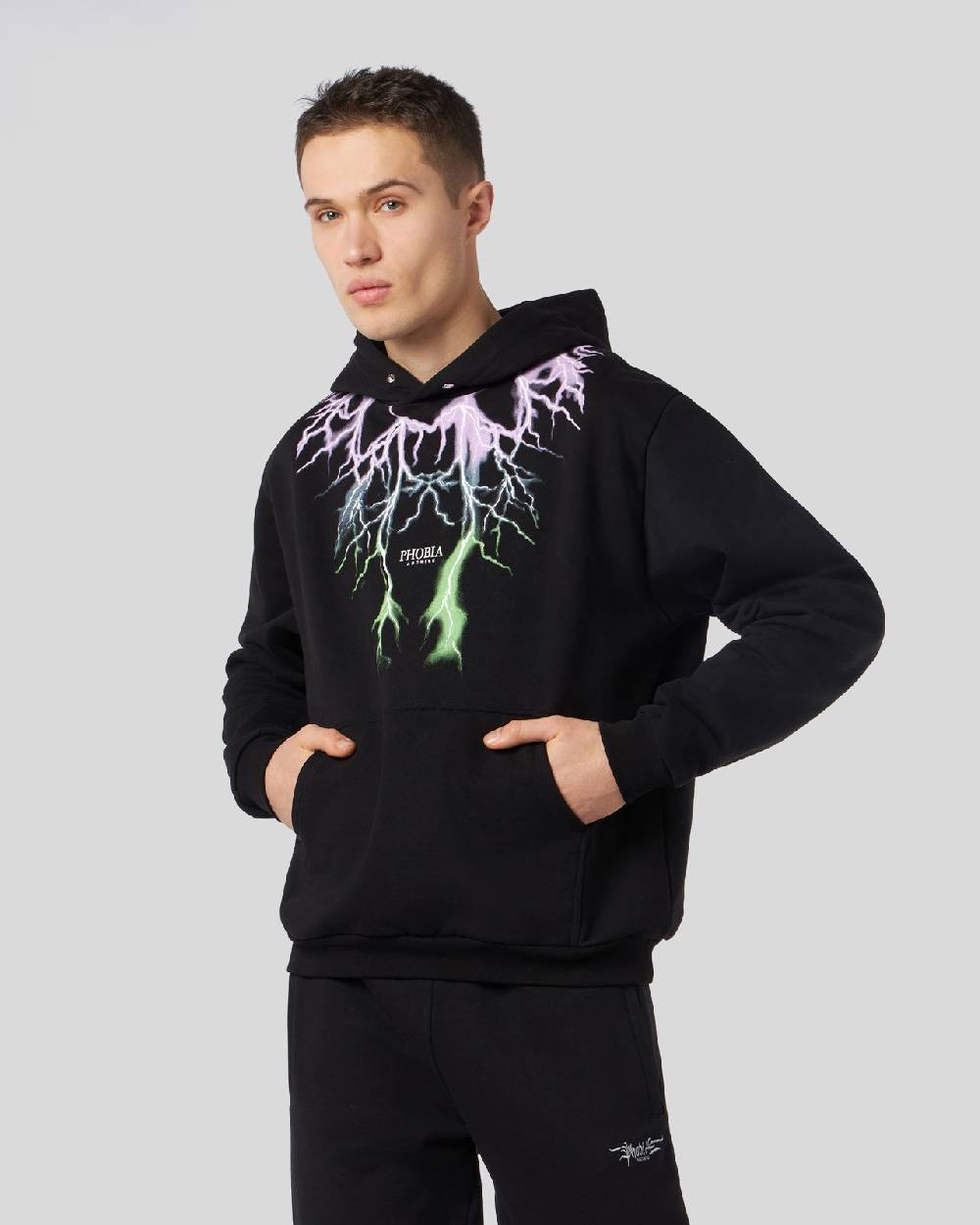 Phobia Archive FELPA NERA CON FULMINI BICOLORE VIOLA E VERDE Only for today