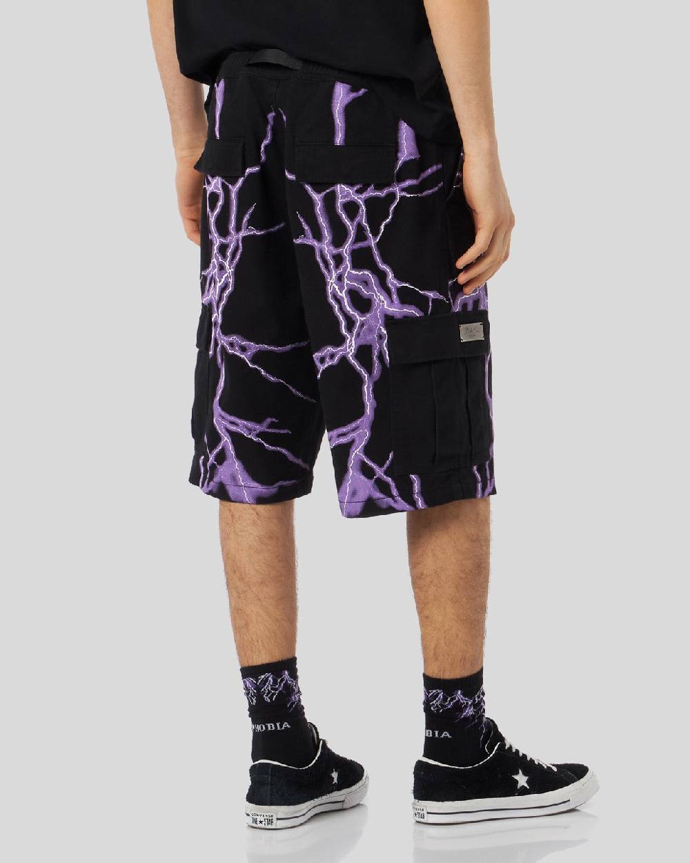 Phobia Archive PANTALONCINO CARGO NERO CON FULMINI LATERALI VIOLA Offerta temporanea