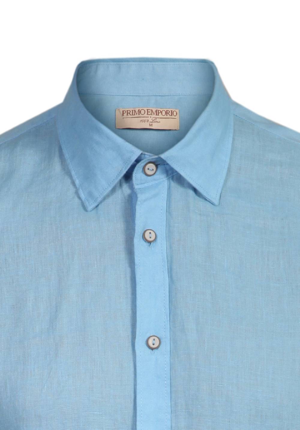 Primo Emporio Camicia Lino Mezza Manica - Turchese Saldi Di Fabbrica